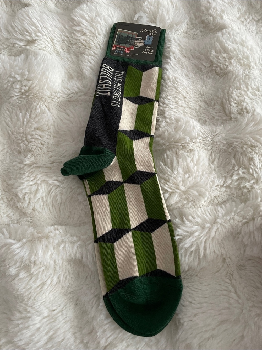 Blue Q Men’s “This Meeting Is Bullshit” Green & Cream Geometric Crew Socks, 7-10
